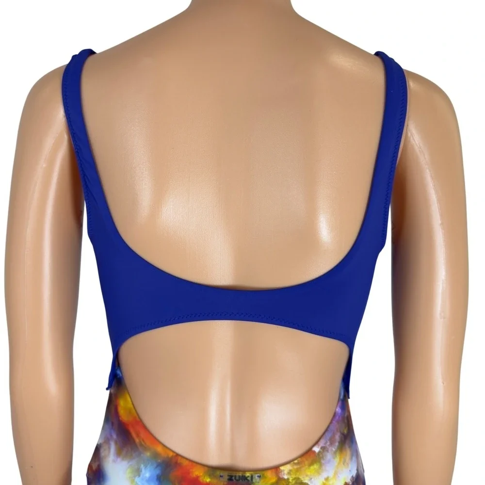 Zuiki Reversible One‎ Piece Swimsuit Blue Abstract Cloud Print Cutout Tie Front